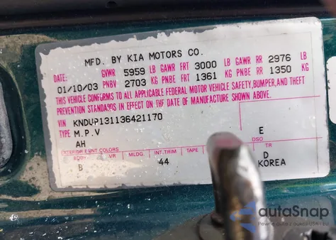 2003 Kia Sedona Ex/Lx из США, поврежденный, VIN KNDUP131136421170